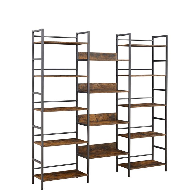 Industrial Wood Triple Wide 5-Shelf Open Bookshelf