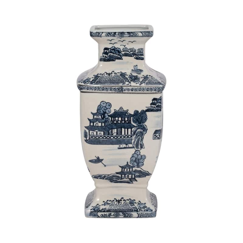 Sagebrook Home Ceramic Vase Contemporary Blue and White Chinoiserie Temple Design Floral Vase - Toile Blue - 7" x 6" x 14.5"