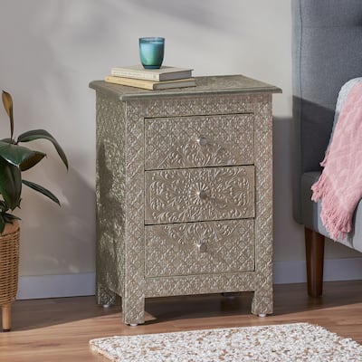 Deschutes Indoor Mango Wood and Iron Embossed Handcrafted 3 Drawer Nightstand by Christopher Knight Home