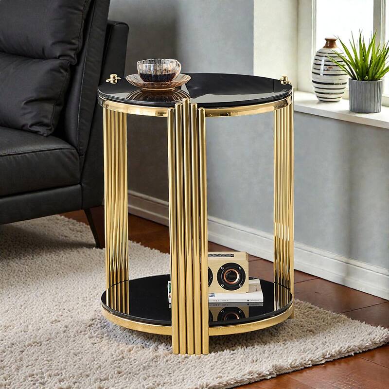 16.9 Inch Modern Round End Table with Double Layer Black Glass, Gold Stainless Steel Frame, Easy Assembly