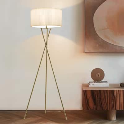 Brightech Jaxon 60 in. Antique Brass Tripod Super Bright LED Midcentury Modern Floor Lamp with White Fabric Drum Shade