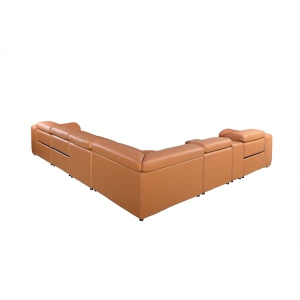 Camel Italian Leather Power Reclining U Shaped Eight Piece Corner Sectional With Console Camel Italian Leather Power Reclining U Shaped Eight Piece Corner Sectional With Console