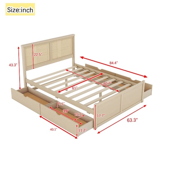 dimension image slide 0 of 4, Rattan Platform Bed Frame with 4 Storage Drawers and Wooden Rattan Headboard for Kids, No Box Spring Needed