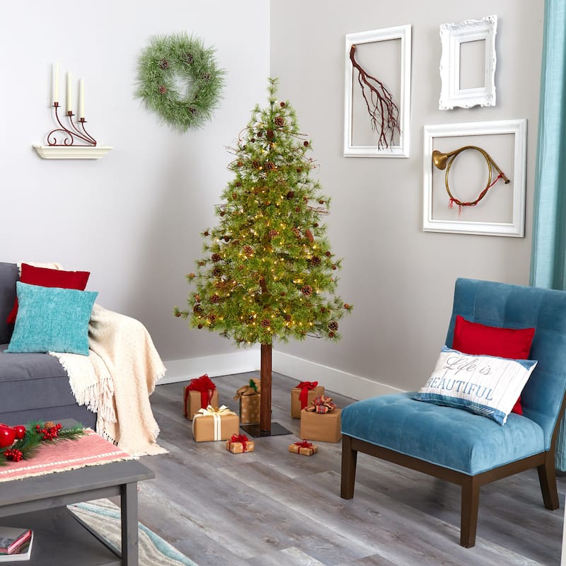 6ft. Alpine Artificial Christmas Tree with 150 Clear Multifunction LED Lights & Pine Cones on Trunk - Rustic Holiday X-Mas Tree