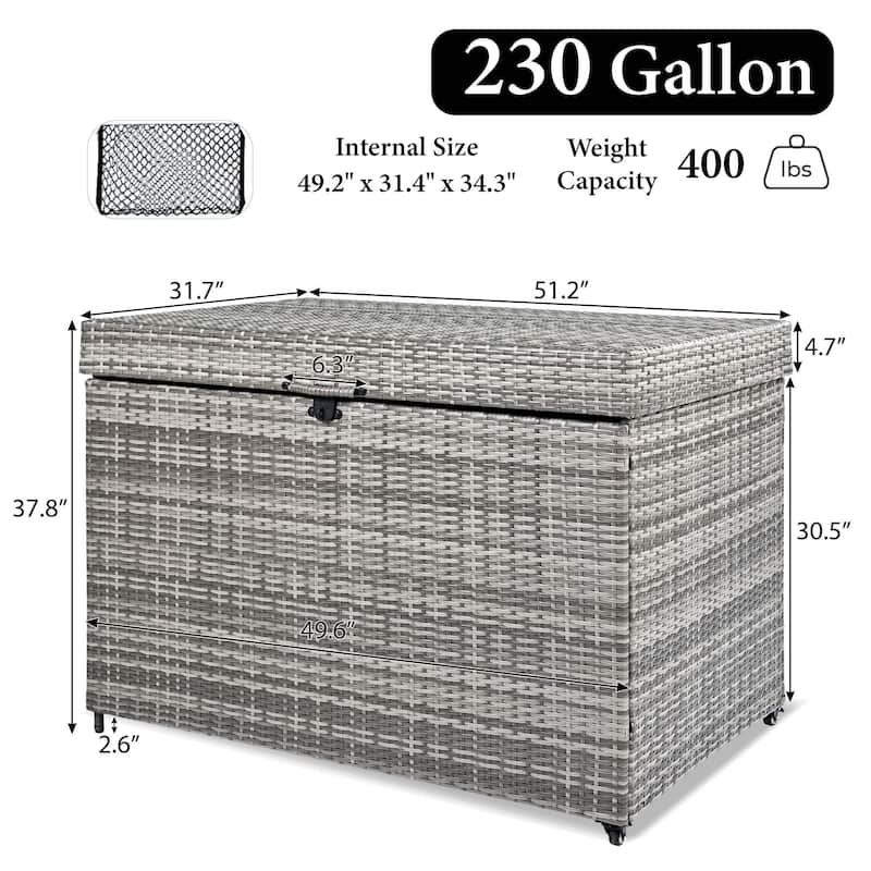 230 Gallon Wicker Deck Box Outdoor Storage with Wheels and Lockable Lid