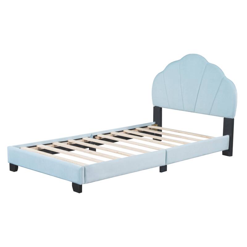 Kids Shell Twin Bed Frame Upholstered Low Profile Platform Bed Slats Supports Child Comfortable Sleep Velvet Bed Frame - Blue