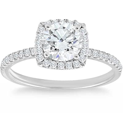 1 3/4 Ct TW Moissanite & Diamond Cushion Halo Engagement Ring in White Gold