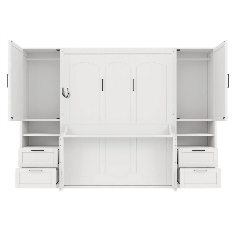 Queen Size Murphy Bed Wall Bed with 2 Wardrobes and 4 Storage Drawers, Foldable Murphy Cabinet Bed w/Open Storage Shelves& Stool