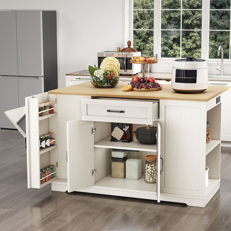 Moasis Rolling Kitchen Island with Trash Can Storage and Power Outlet &Spice Rack - White
