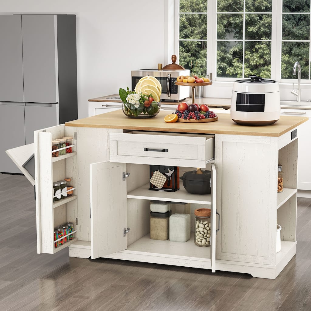 Moasis Rolling Kitchen Island with Trash Can Storage and Power Outlet &Spice Rack