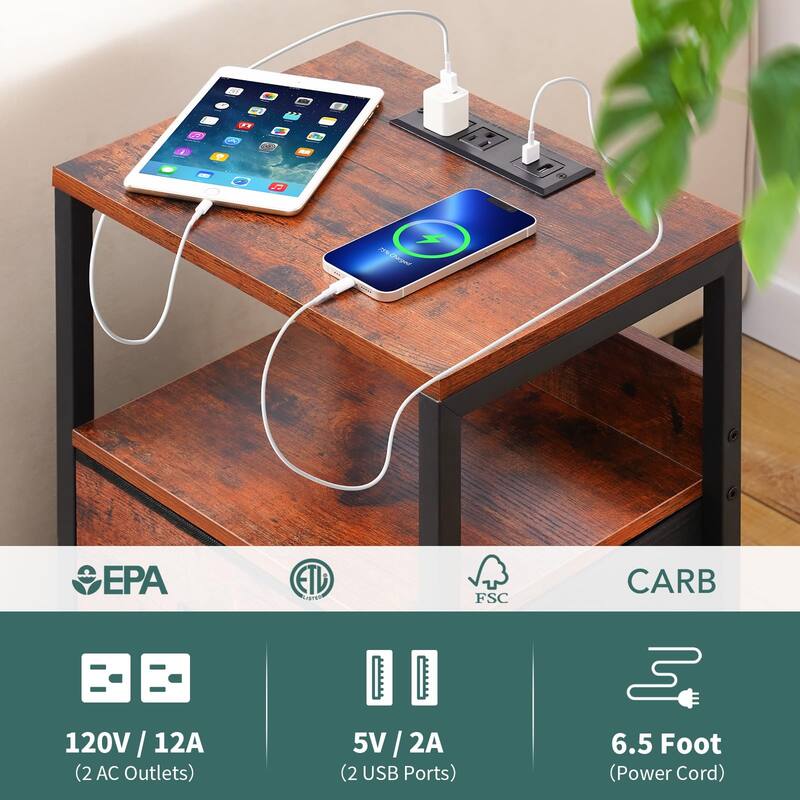Nightstand with Charging Station, Small Night Stand with Fabric Drawers,Small Spaces Bedside Table with USB Ports & Outlets