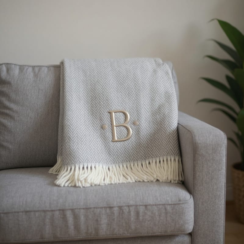 HomeRoots 55" X 70" Gray And White Herringbone Cotton Blend B Initial Throw Blanket with Tassels And Embroidery - Throw - White/Gray
