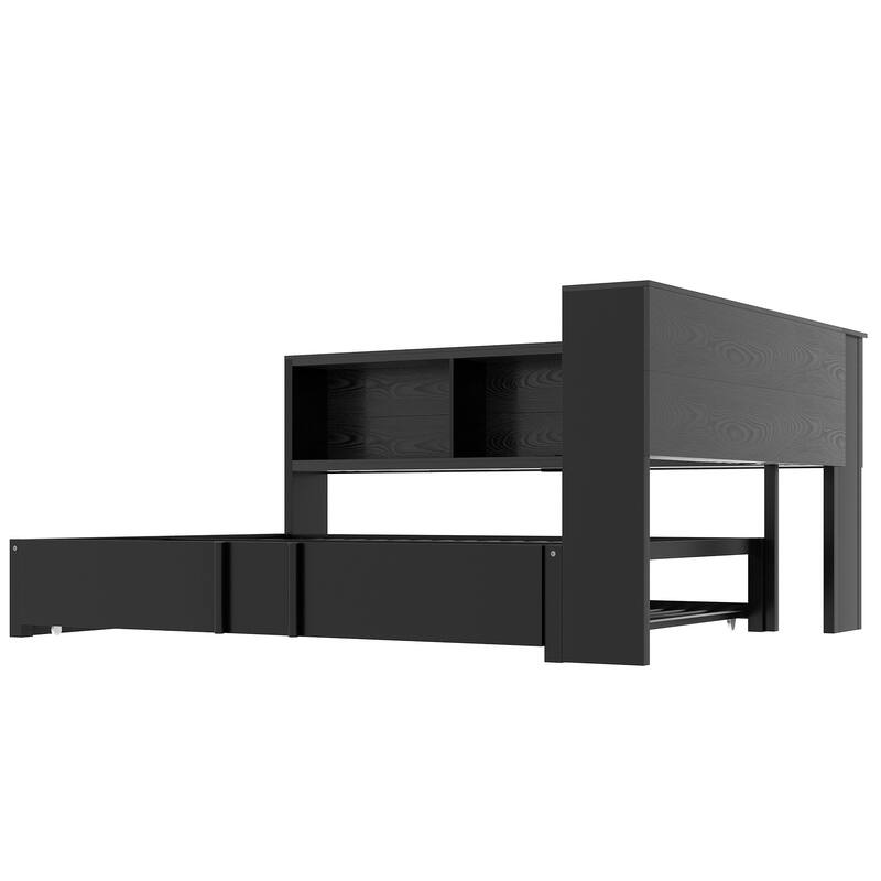 Metal Full Size Daybed with Storage Cabinets and USB Ports, L-Shaped Corner Platform Bed Frame with Pull-out Trundle Bed