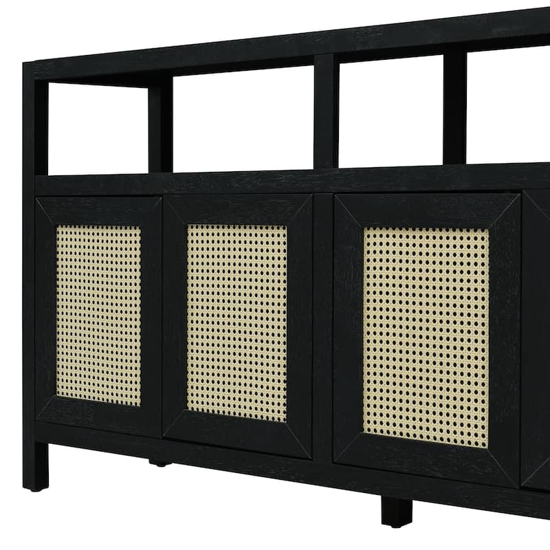 Roomfitters Bohemian Rattan Buffet Cabinet with Solid Wood Frame, Sideboard with Adjustable Shelves, Push-to-Open Design