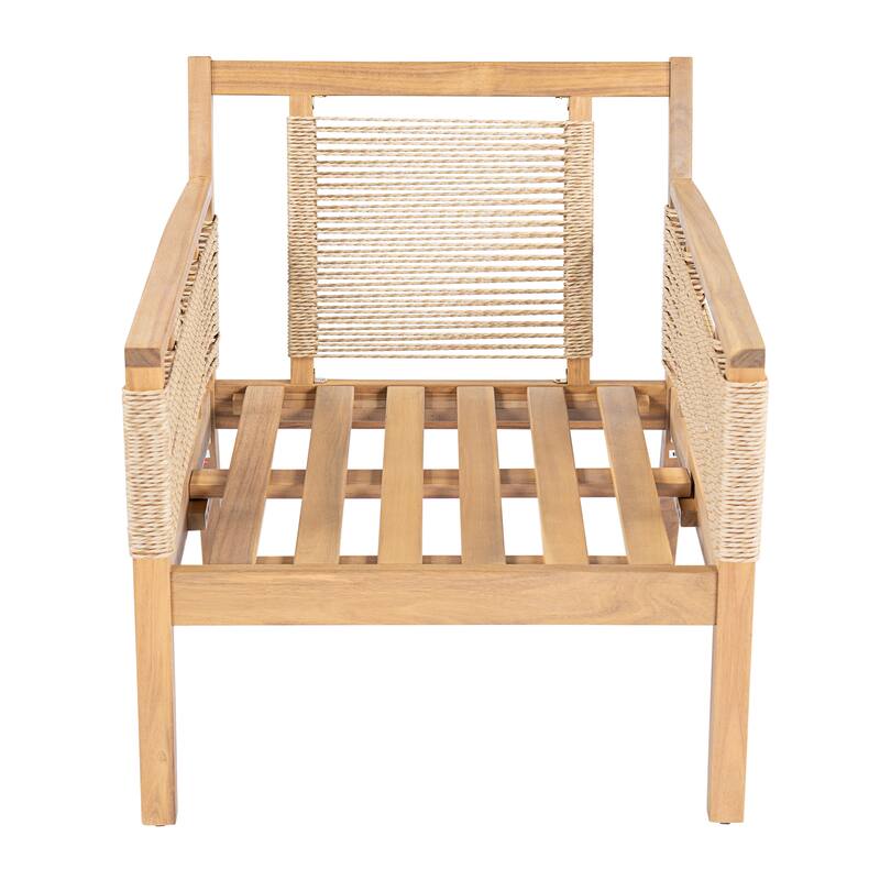 Roomfitters Set of 2 Patio Club Chairs, Outdoor Wood Lounge Chair with Upholstered Cushions, Rope Weave, Teak+ Beige