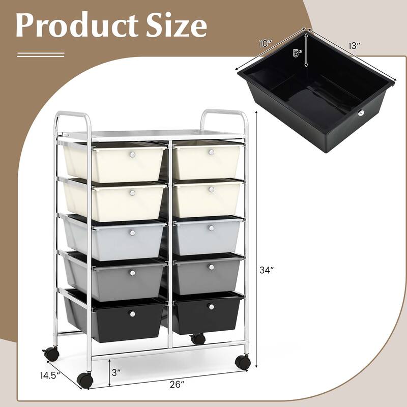Costway 10-Drawer Storage Cart Utility Rolling Trolley Kitchen Office