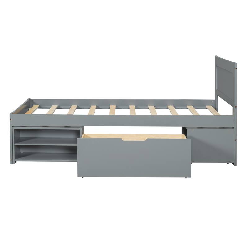 Twin Size Platform Bed, Modern Storage Bed Frame With Drawer and 2 Shelves Under Bed