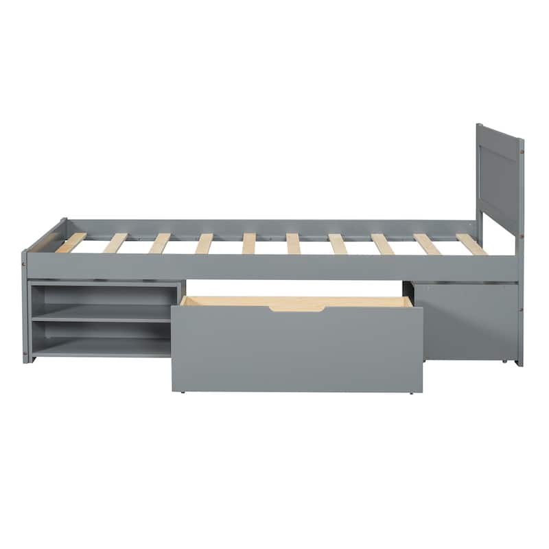 Twin Size Platform Bed With Drawer And Two Shelves, Gray