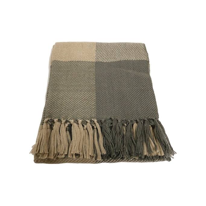 Home&Manor Handcrafted Wool & Cotton Throw Blanket Sage Loom
