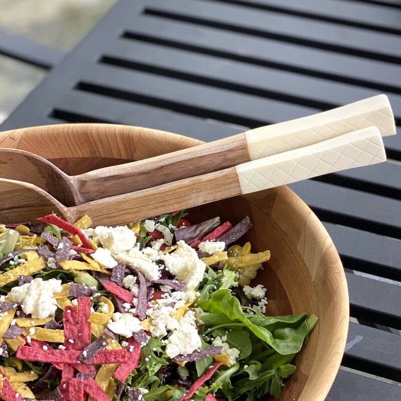 Handmade Olive Wood Serving Utensils with Natural Batik Bone Handles (Kenya)