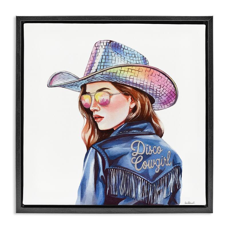 Stupell Disco Cowgirl in Blue Framed Floater Canvas Wall Art Design By Amanda Greenwood - 25 x 25 - Black