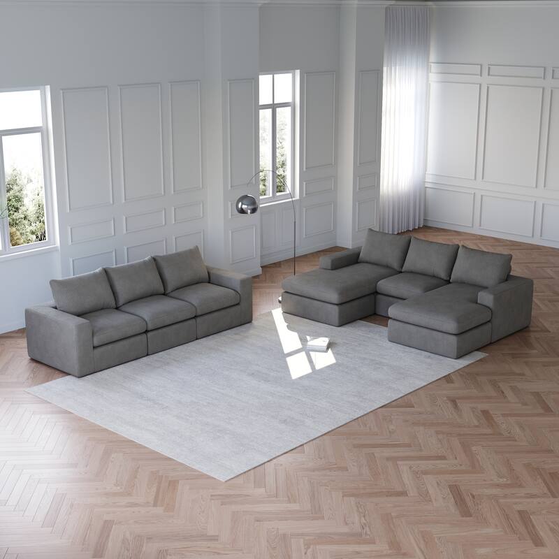 Corduroy Cloud Sectional Sofa with Chaise – L-Shaped Modern Upholstered Sofa - 6 Seat