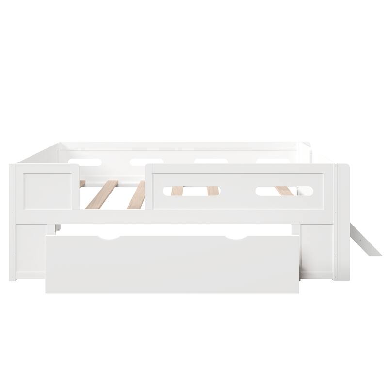 Kids Low Loft Bed with Stairs, Large Drawer and Guardrail, Semi-Enclosed Fence Platform Toddler Bed, Wooden Storage Daybed