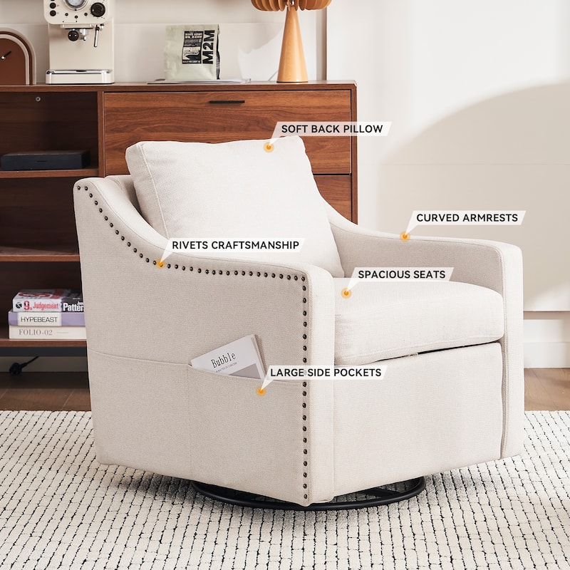 Linen Upholstered Swivel Accent Chair, Ergonomic Single Sofa Chair, Lounge Reading Chair with Nailhead Decor & Metal Base
