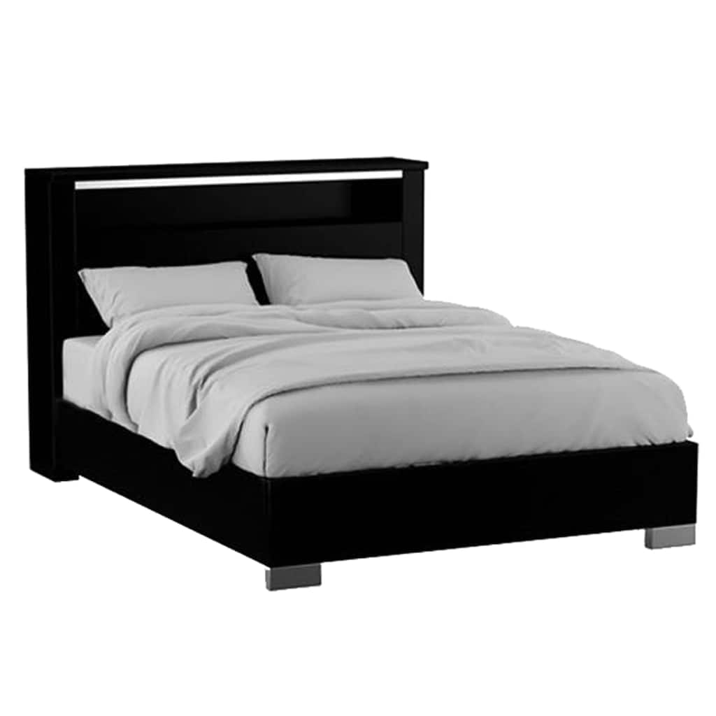 Cari King Size Bed w LED Lit Bookcase Shelf, Black, Chrome, Solid Wood