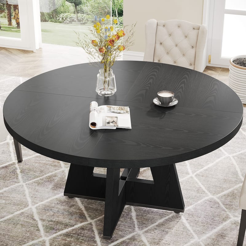 47 Inch Round Dining Table for 4, Wood Farmhouse Dinner Dinning Table for Kitchen Dining Living Room - Black