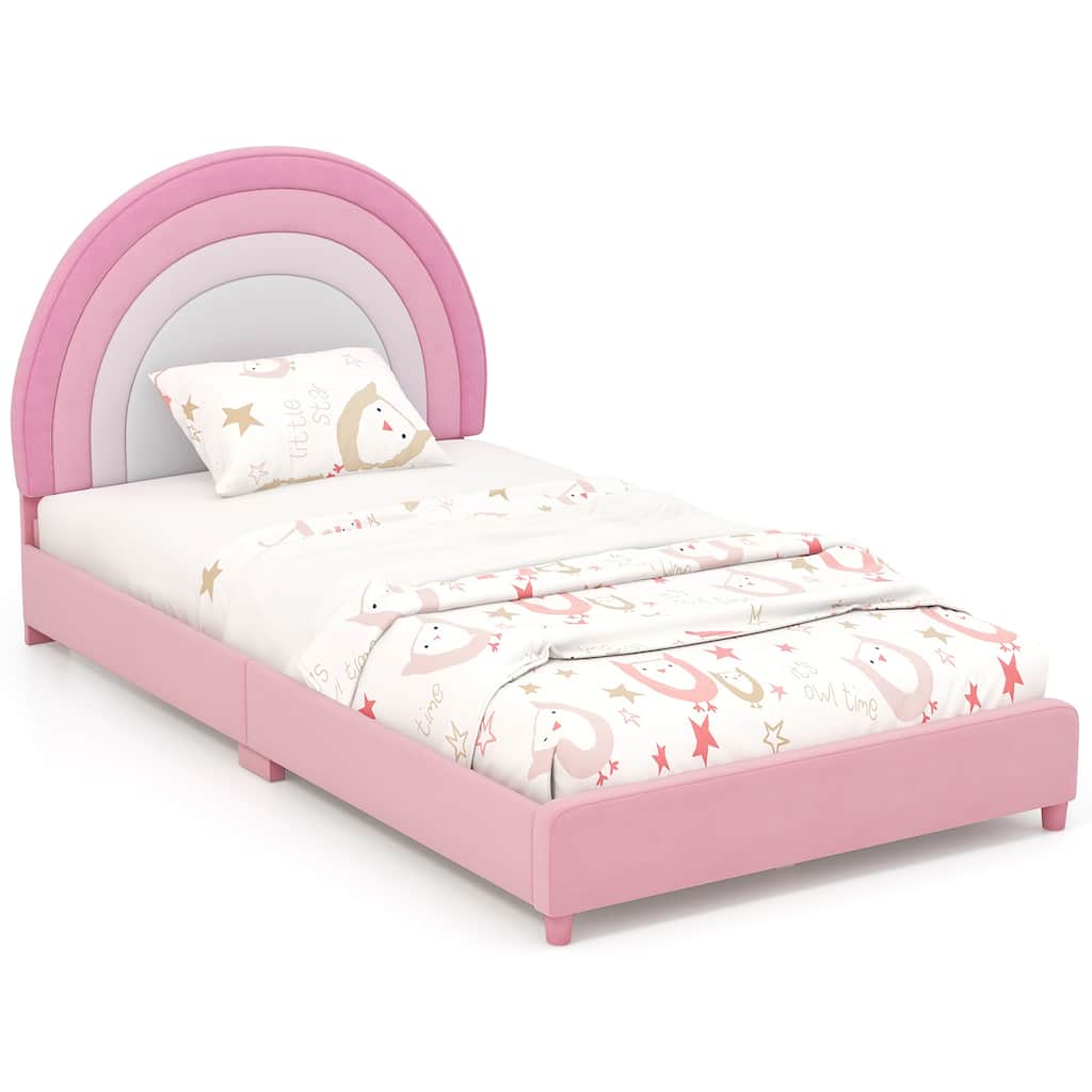 Gymax Kids Twin Platform Bed Frame Upholstered Twin Size Bed w/ Wooden