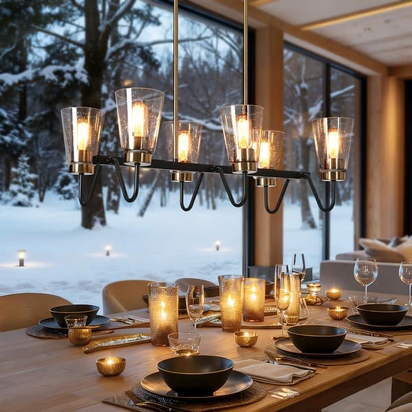 slide 2 of 10, Modern Farmhouse 6-Light Black Gold Linear Chandelier Cone Glass Kitchen Island Pendant Lights - 27.5"L