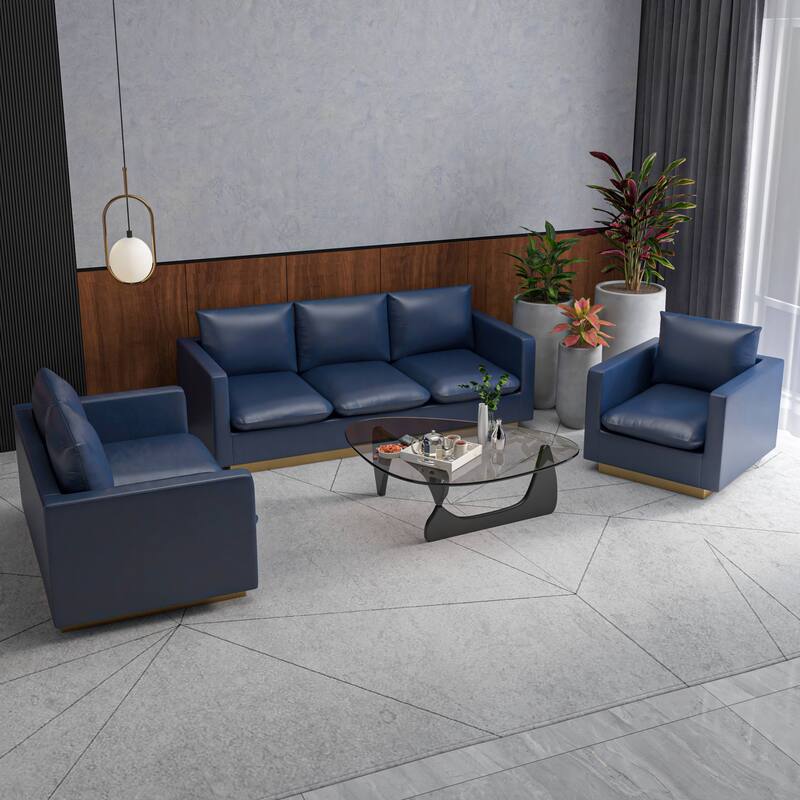 3-Piece Executive Leather Sofa Set with Brushed Gold Stainless Steel Base