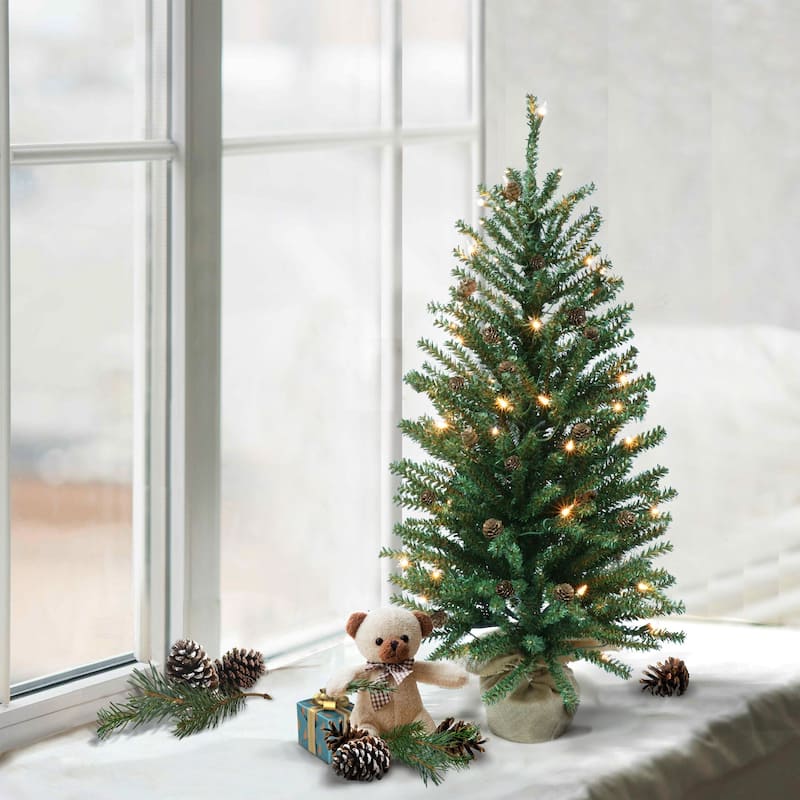 3' Pre-Lit Fir Artificial Christmas Tree with Pines Cones, Clear Lights - 3 Foot