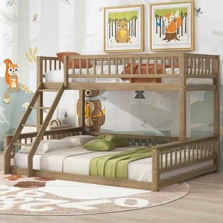 Bunk Bed Twin XL Over Queen with Ladder and Slats Support, Bed Frame with Safety Guardrails