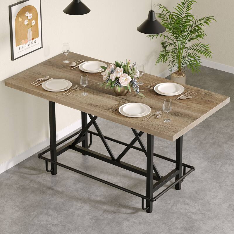 63" Long Wood Dining Table for 4-6 People, Farmhouse Dinner Table with Thick Tabletop, Kitchen Table with Footrest