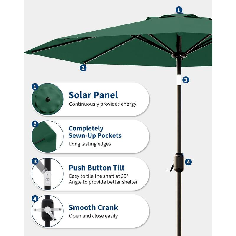 9 Ft Patio Umbrella with Solar Lights, Outdoor Table Umbrella with 32 LED Lights & Tilt Crank