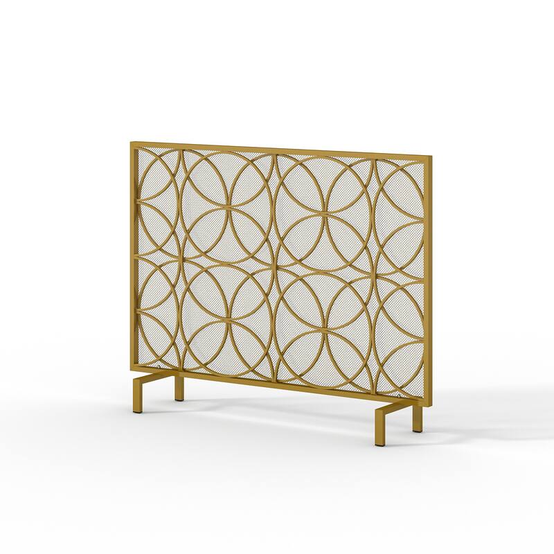 Gold Metal Fireplace Screen, Decorative Single Panel Fire Screen with Geometric Design, Mesh Spark Guard