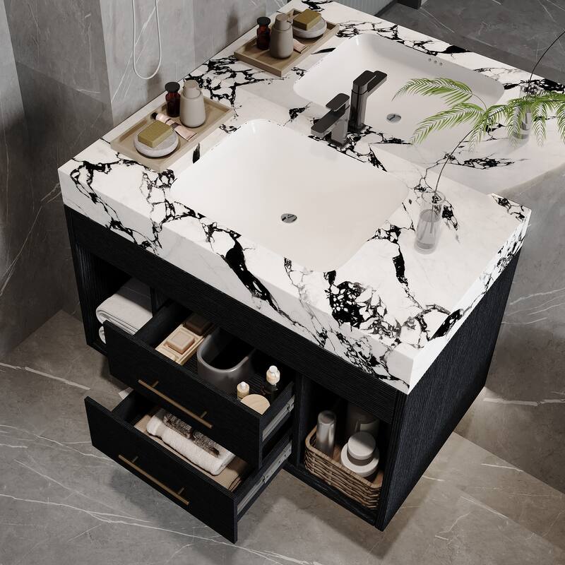 GDFStudio - Modern 29.9" Floating Bathroom Vanity with Sintered Stone Top, Ceramic Sink & U-Shape Drawers