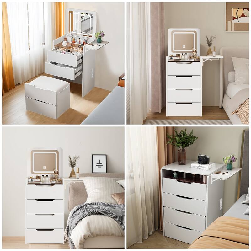 3-in-1 Vanity Table w/ 3-Color LED Mirror,Multi-Functional Makeup Desk