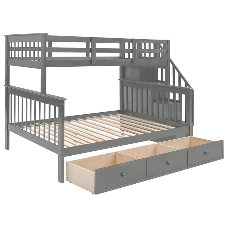 Gray Twin-Over-Full Pine Bunk Bed with Staircase and Drawer