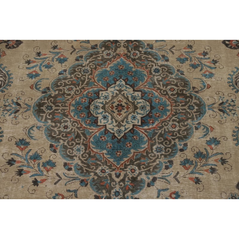 Distressed Tabriz Persian Rug Handmade Floral Wool Carpet - 9'5" x 12'4"