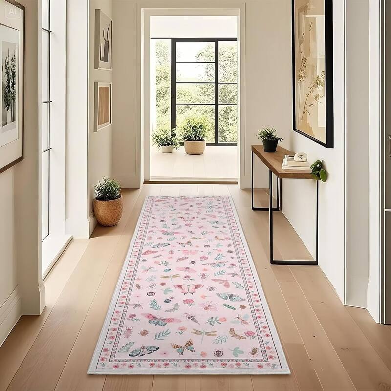 Floral Insect Print Washable Area Rugs for Living Room, Modern Non Slip Low Pile Area Rug - 2'x6' - Pink