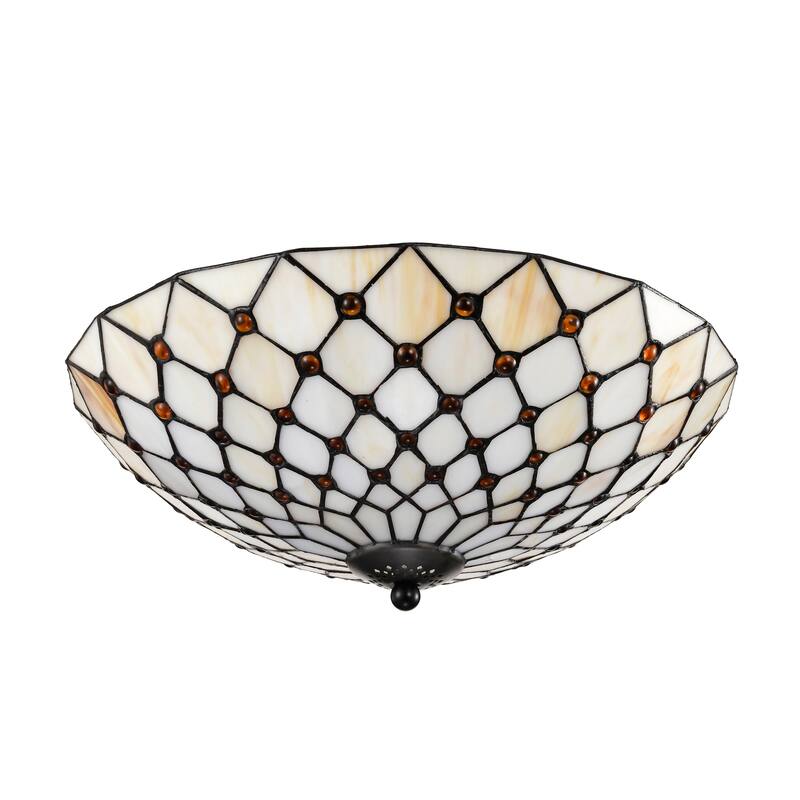 Celand Ivory with Amber Beads Flushmount Ceiling Lamp Tiffany Style Glass Shade - Ivory-Amber