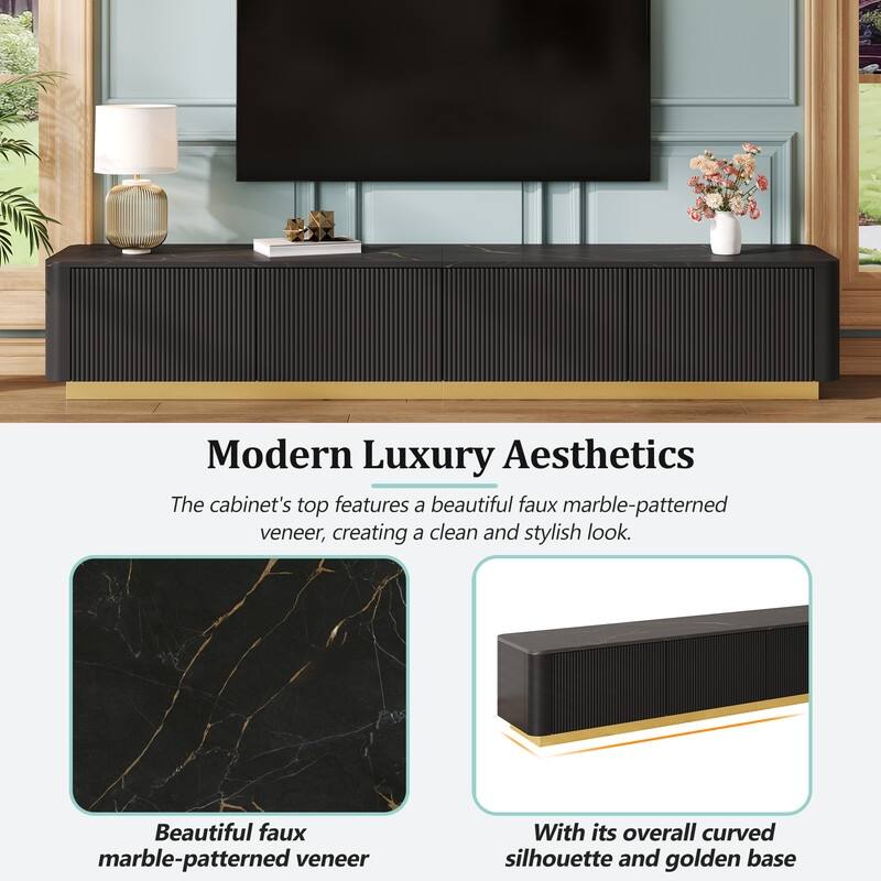 Luxury Fluted TV Stand for 85" TVs - Faux Marble Console with Gold Base & Curved Design