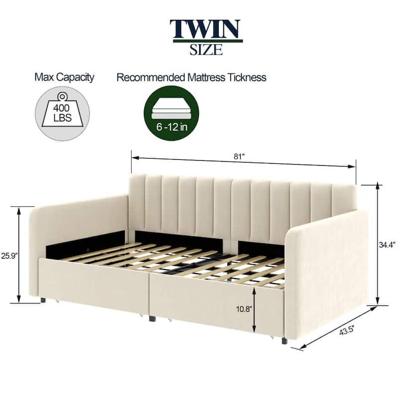 Upholstered Daybed with 2 Drawers, Twin, Ivory Velvet, Ribbed Tufted Backrest