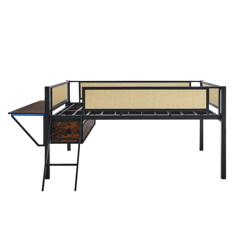 Metal Loft Bed With Desk and LED Lights,Twin/Full Size