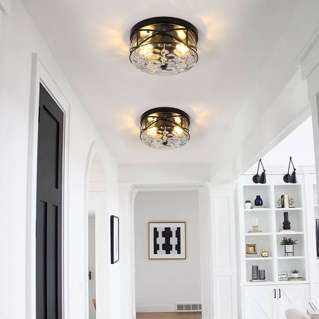 2-Light Flush Mount Glass Ceiling Light with Metal Frame - N/A