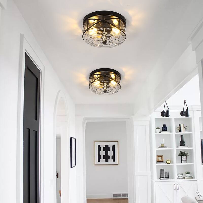 2-Light Flush Mount Glass Ceiling Light with Metal Frame - N/A