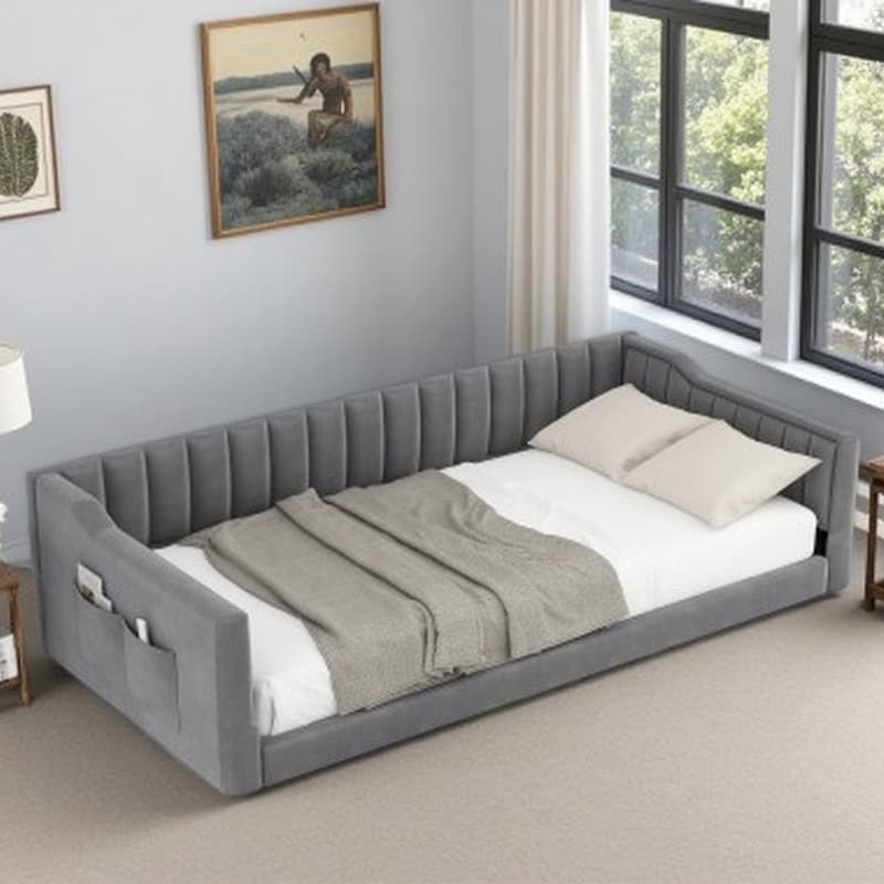 Twin XL Velvet Upholstered Daybed with Side Storage Pocket, Sloped Armrests & No Box Spring Required